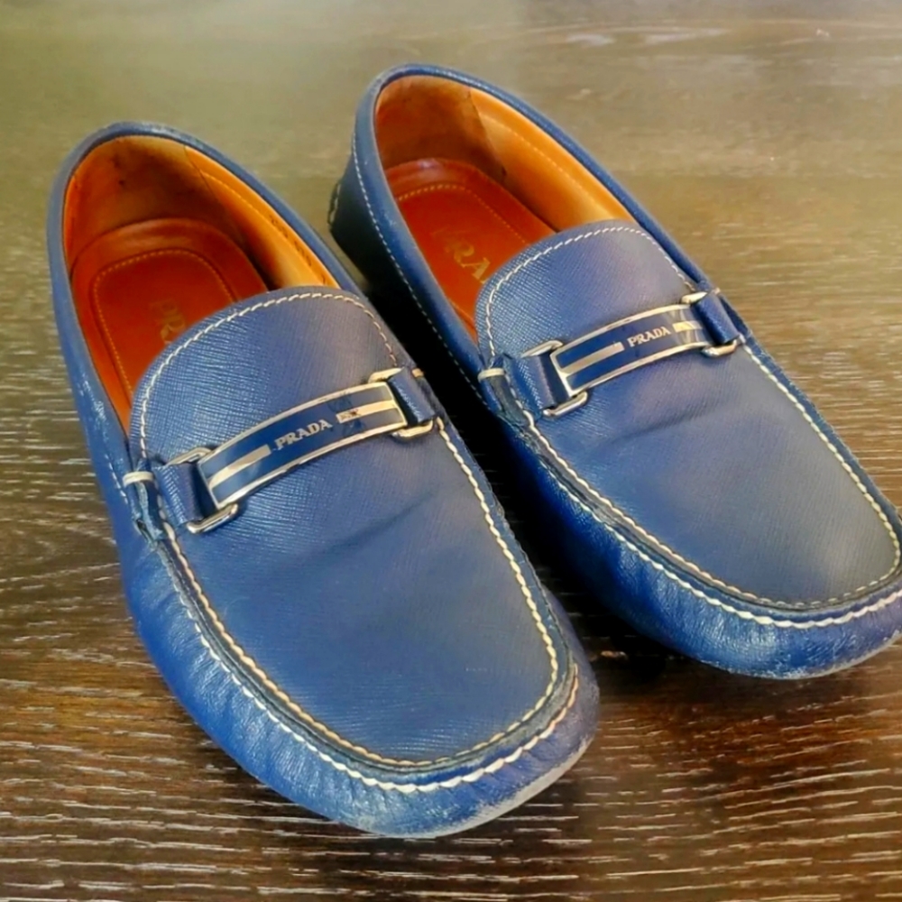 PRADA MENS BLUE LEATHER LOAFERS Saffiano SHOE SIZE 7.5 Prada Logo